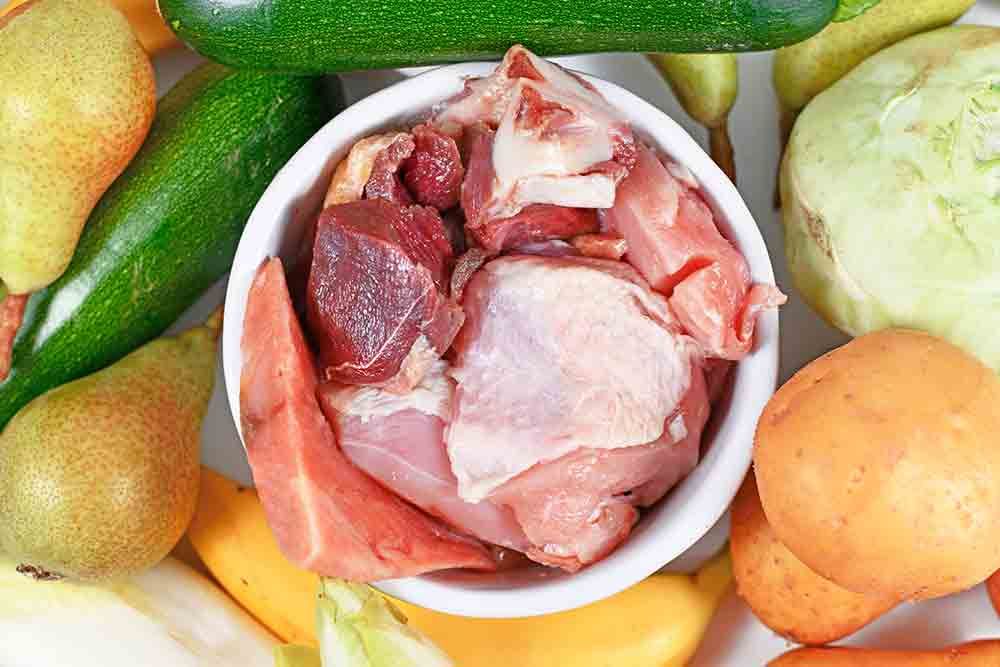Cuenco con carne cruda, pescado y verduras preparado para un Cane Corso