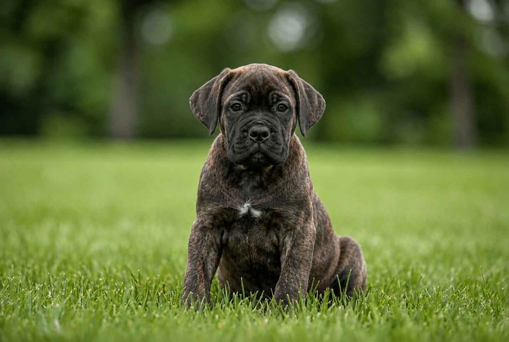 Cachorro de Cane Corso atigrado sentado en el césped