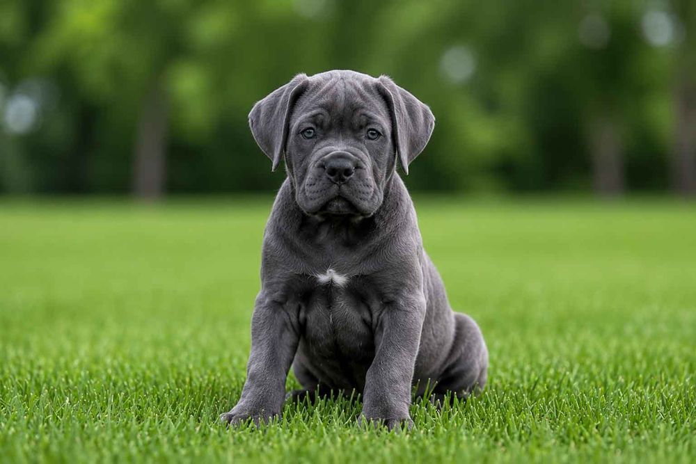 Cachorro de Cane Corso de color gris sentado en el césped