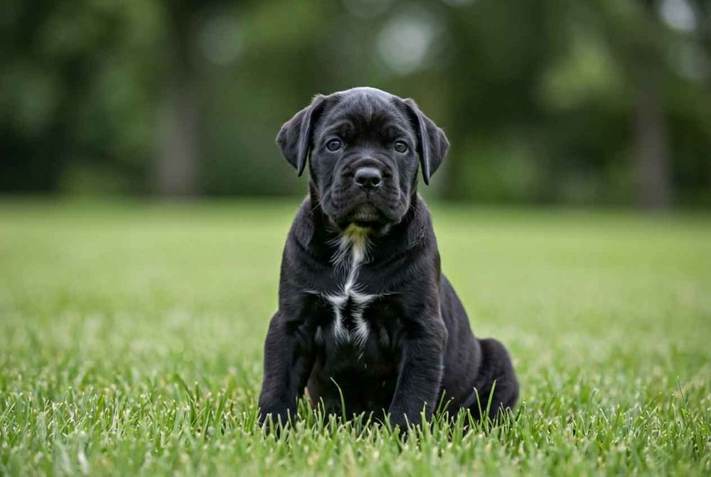 Cachorro de Cane Corso negro con una pequeña mancha blanca en el pecho