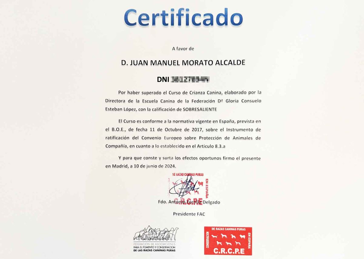 Certificado del curso de crianza canina a nombre de Juan Manuel Morato Alcalde