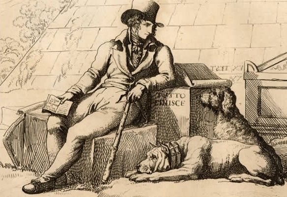 Grabado de un caballero sentado con un perro grande a sus pies
