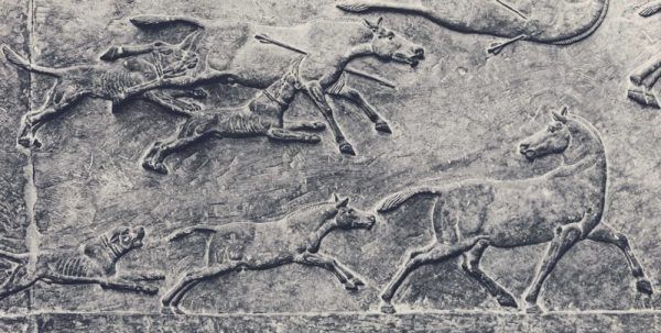 Relieve antiguo con perros molosos en una cacería